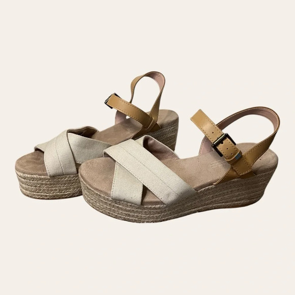 TOMS Willow Cream Canvas Espadrille Wedges Strappy Sandals 8 - Picture 4 of 9